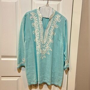 Charter Club signature tunic. Elegant Embroidered Teal Women's Top. EUC